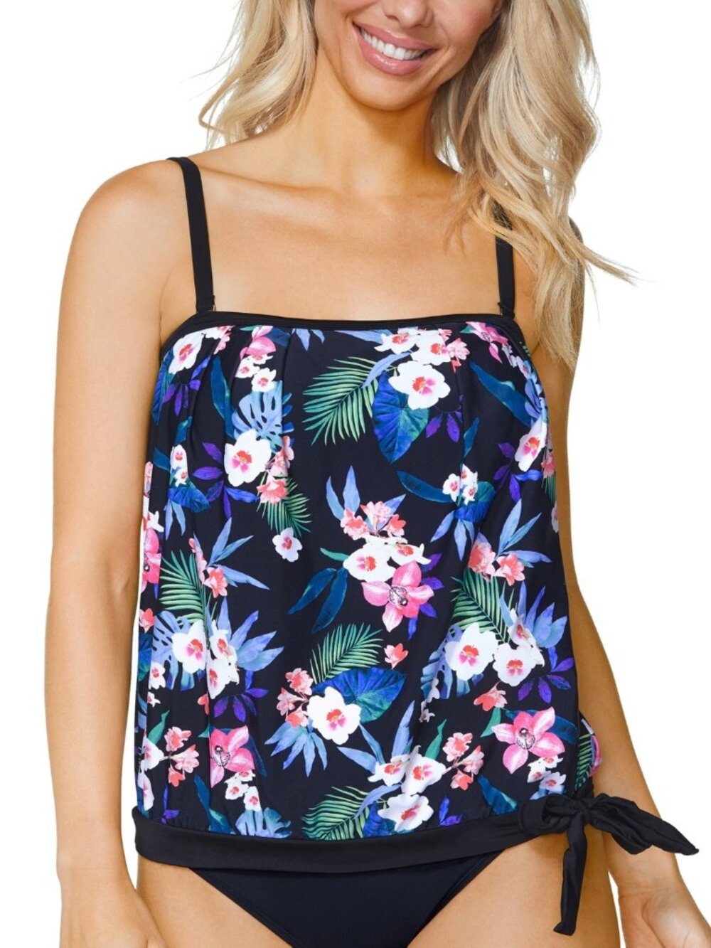 Island Escape Coral Gables Tie-Hem Tankini Top Black Multi size 12